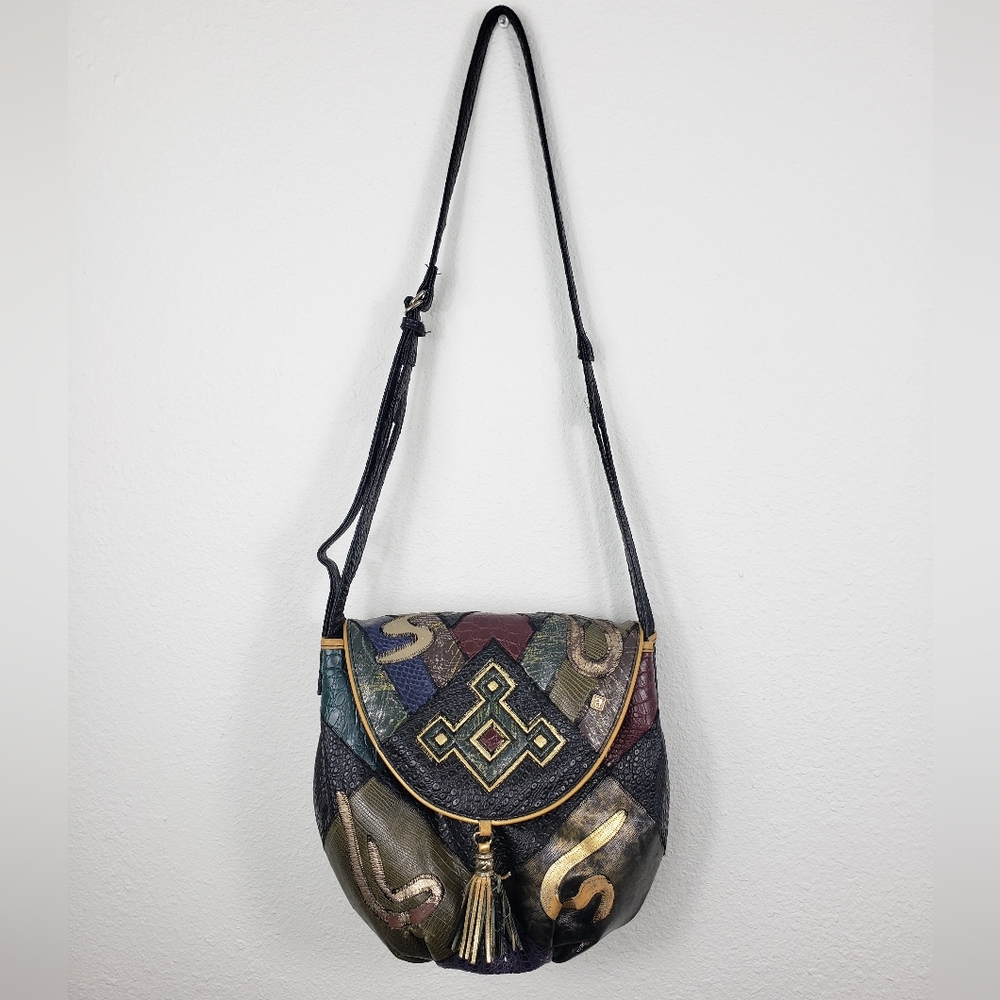 Vintage NAS Patchwork Faux Leathear Shoulder Crossbody Bag Made in Korea - Picture 2 of 7